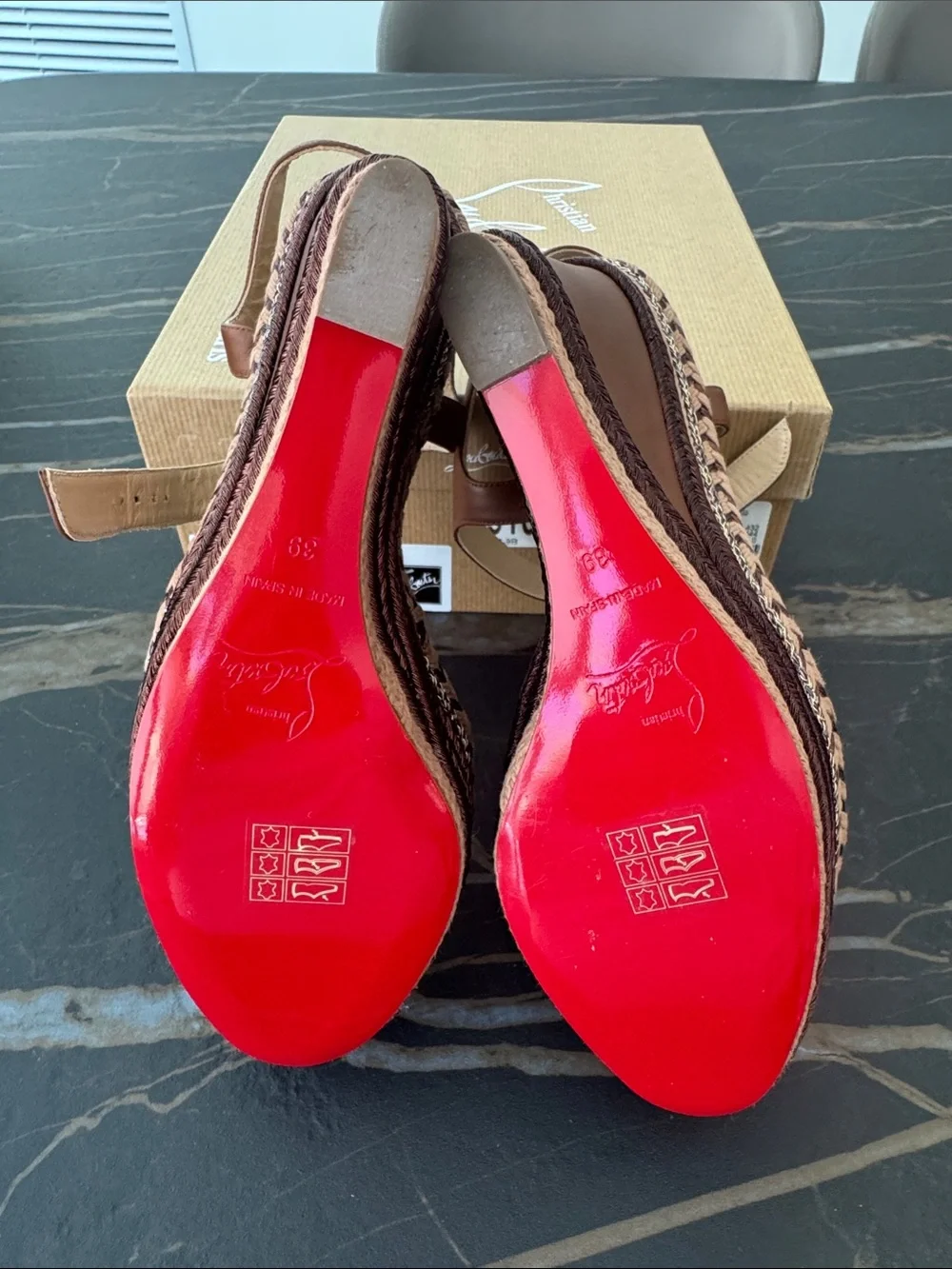 Christian Louboutin Brown Leather Braided Platform Wedge Sandals